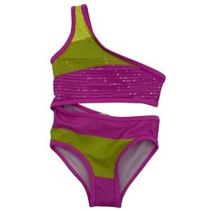 Peek One Shoulder Sequin Cut Out Swimsuit Toddler 2T Pink Green Beach‎ Rainbow